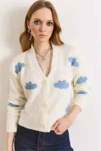 Olalook Women's Ecru Cloud Detailed Soft Textured Knitwear Cardigan