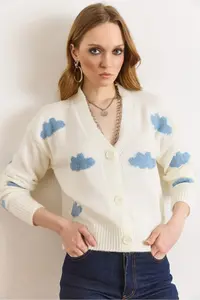 Olalook Women's Ecru Cloud Detailed Soft Textured Knitwear Cardigan - Image 2