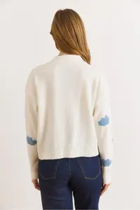 Olalook Women's Ecru Cloud Detailed Soft Textured Knitwear Cardigan - Image 3