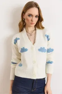 Olalook Women's Ecru Cloud Detailed Soft Textured Knitwear Cardigan - Image 4