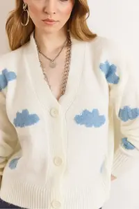 Olalook Women's Ecru Cloud Detailed Soft Textured Knitwear Cardigan - Image 5