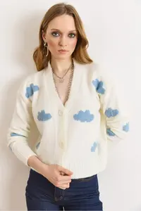 Olalook Women's Ecru Cloud Detailed Soft Textured Knitwear Cardigan - Image 6