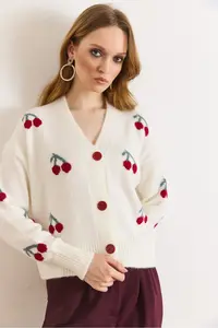 Olalook Women's Ecru Cherry Detailed Soft Textured Knitwear Cardigan