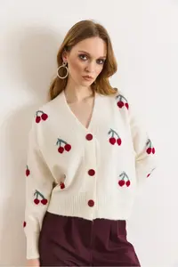 Olalook Women's Ecru Cherry Detailed Soft Textured Knitwear Cardigan - Image 2