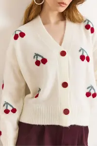 Olalook Women's Ecru Cherry Detailed Soft Textured Knitwear Cardigan - Image 3