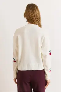 Olalook Women's Ecru Cherry Detailed Soft Textured Knitwear Cardigan - Image 4