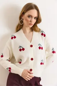 Olalook Women's Ecru Cherry Detailed Soft Textured Knitwear Cardigan - Image 5