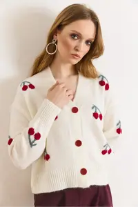 Olalook Women's Ecru Cherry Detailed Soft Textured Knitwear Cardigan - Image 6
