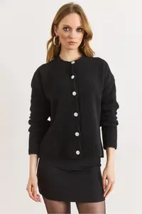Olalook Women's Black Stone Button Detailed Soft Textured Knitwear Cardigan