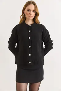 Olalook Women's Black Stone Button Detailed Soft Textured Knitwear Cardigan - Image 2