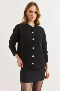Olalook Women's Black Stone Button Detailed Soft Textured Knitwear Cardigan - Image 4