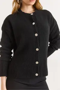 Olalook Women's Black Stone Button Detailed Soft Textured Knitwear Cardigan - Image 5