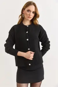 Olalook Women's Black Stone Button Detailed Soft Textured Knitwear Cardigan - Image 6