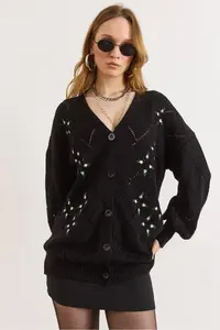 Olalook Women's Black Embroidery Detailed Long Knitwear Cardigan