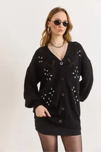Olalook Women's Black Embroidery Detailed Long Knitwear Cardigan - Image 2
