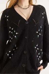 Olalook Women's Black Embroidery Detailed Long Knitwear Cardigan - Image 4