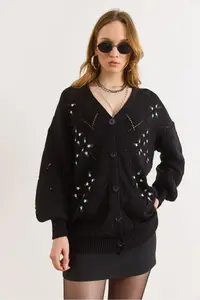 Olalook Women's Black Embroidery Detailed Long Knitwear Cardigan - Image 5