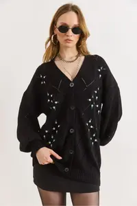 Olalook Women's Black Embroidery Detailed Long Knitwear Cardigan - Image 6