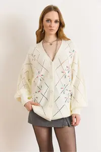 Olalook Women's White Embroidery Detailed Long Knitwear Cardigan - Image 2