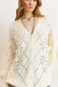 Olalook Women's White Embroidery Detailed Long Knitwear Cardigan - Image 5