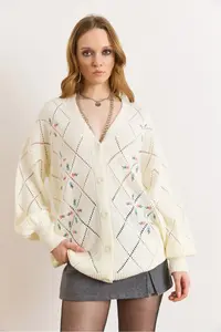 Olalook Women's White Embroidery Detailed Long Knitwear Cardigan - Image 6