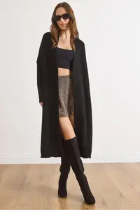 Olalook Women Black Shawl Yaka LONG Knitwear Cardigan