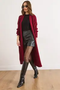 Olalook Women Burgundy Shawl Yaka LONG Knitwear Cardigan