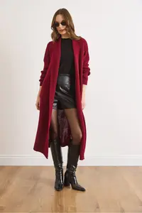 Olalook Women Burgundy Shawl Yaka LONG Knitwear Cardigan - Image 2