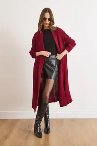 Olalook Women Burgundy Shawl Yaka LONG Knitwear Cardigan - Image 3