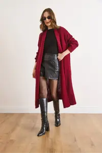 Olalook Women Burgundy Shawl Yaka LONG Knitwear Cardigan - Image 4