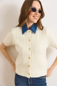 Olalook Women's Ecru Denim Collared Soft Textured Short Sleeve Knitwear Cardigan