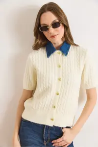 Olalook Women's Ecru Denim Collared Soft Textured Short Sleeve Knitwear Cardigan - Image 2