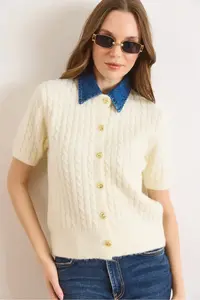 Olalook Women's Ecru Denim Collared Soft Textured Short Sleeve Knitwear Cardigan - Image 3