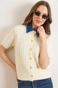 Olalook Women's Ecru Denim Collared Soft Textured Short Sleeve Knitwear Cardigan - Image 4