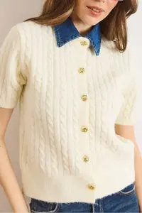 Olalook Women's Ecru Denim Collared Soft Textured Short Sleeve Knitwear Cardigan - Image 6