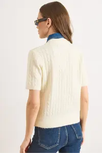 Olalook Women's Ecru Denim Collared Soft Textured Short Sleeve Knitwear Cardigan - Image 7