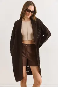 Olalook Women's Bitter Brown Seashell Patterned Long Seasonal Knitwear Cardigan