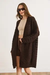 Olalook Women's Bitter Brown Seashell Patterned Long Seasonal Knitwear Cardigan - Image 2