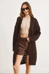 Olalook Women's Bitter Brown Seashell Patterned Long Seasonal Knitwear Cardigan - Image 3