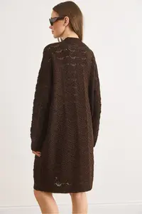 Olalook Women's Bitter Brown Seashell Patterned Long Seasonal Knitwear Cardigan - Image 5