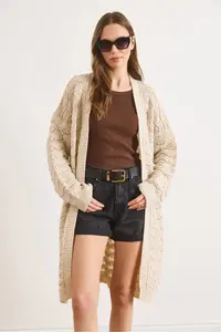 Olalook Women's Stone Shell Patterned Long Seasonal Knitwear Cardigan - Image 2