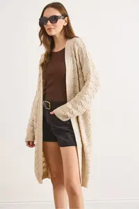 Olalook Women's Stone Shell Patterned Long Seasonal Knitwear Cardigan - Image 3