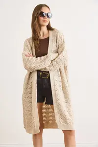 Olalook Women's Stone Shell Patterned Long Seasonal Knitwear Cardigan - Image 4