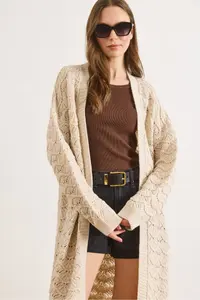 Olalook Women's Stone Shell Patterned Long Seasonal Knitwear Cardigan - Image 5