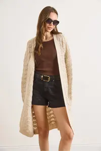 Olalook Women's Stone Shell Patterned Long Seasonal Knitwear Cardigan - Image 7