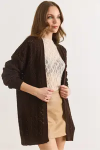 Olalook Women's Brown Tiny Baklava Openwork Knitwear Cardigan