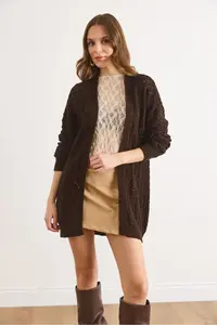 Olalook Women's Brown Tiny Baklava Openwork Knitwear Cardigan - Image 2