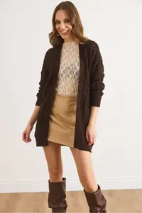 Olalook Women's Brown Tiny Baklava Openwork Knitwear Cardigan - Image 3