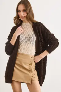Olalook Women's Brown Tiny Baklava Openwork Knitwear Cardigan - Image 4