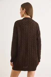 Olalook Women's Brown Tiny Baklava Openwork Knitwear Cardigan - Image 7